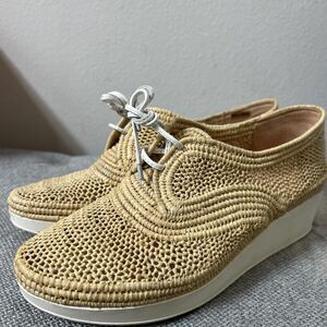 Robert Clergerie Shoes Womens Size 38 Raffia Woven Wedge Oxford Lace Up Tan